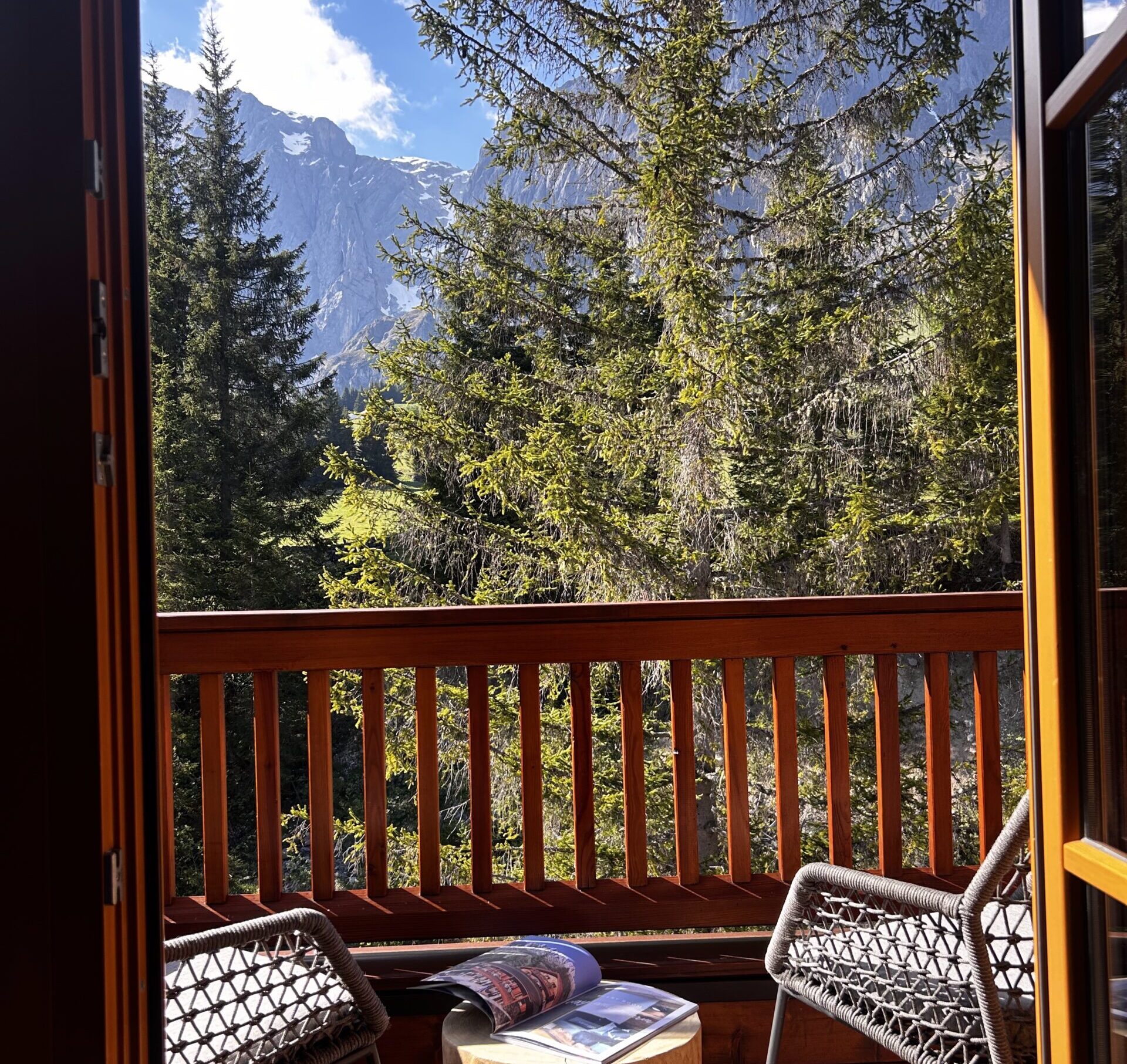 Balkon met fantastisch uitzicht op de bergen in de Mandlwand Lodge